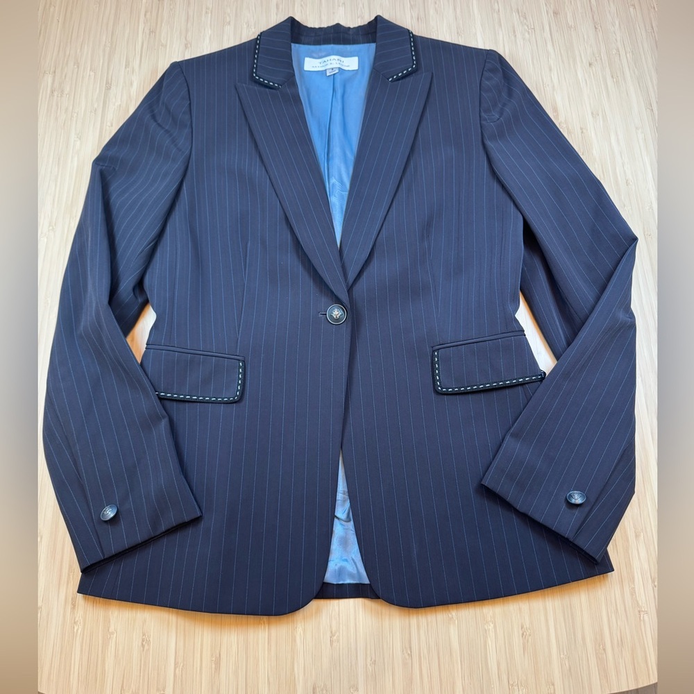 Tahari ASL Dark Gray with Blue Pinstripe Single-Button Blazer and Lt Blue Lining - Picture 2 of 10